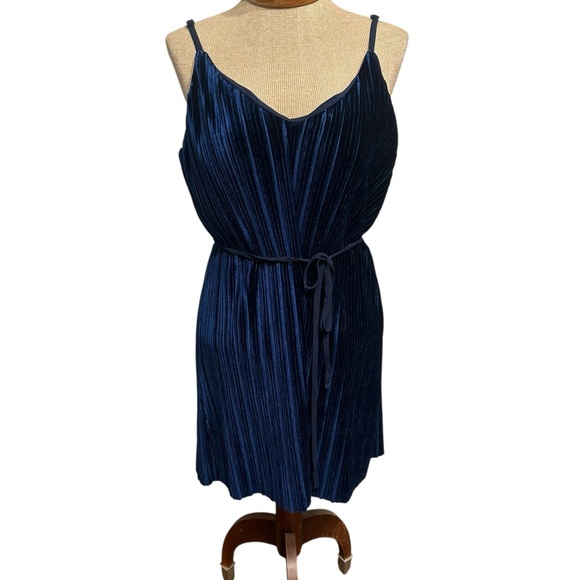 As U Wish Navy Velvet Dress with Pleats - Picture 1 of 4